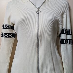 Guess Ivory Ribbed Hoodie with Black Accents